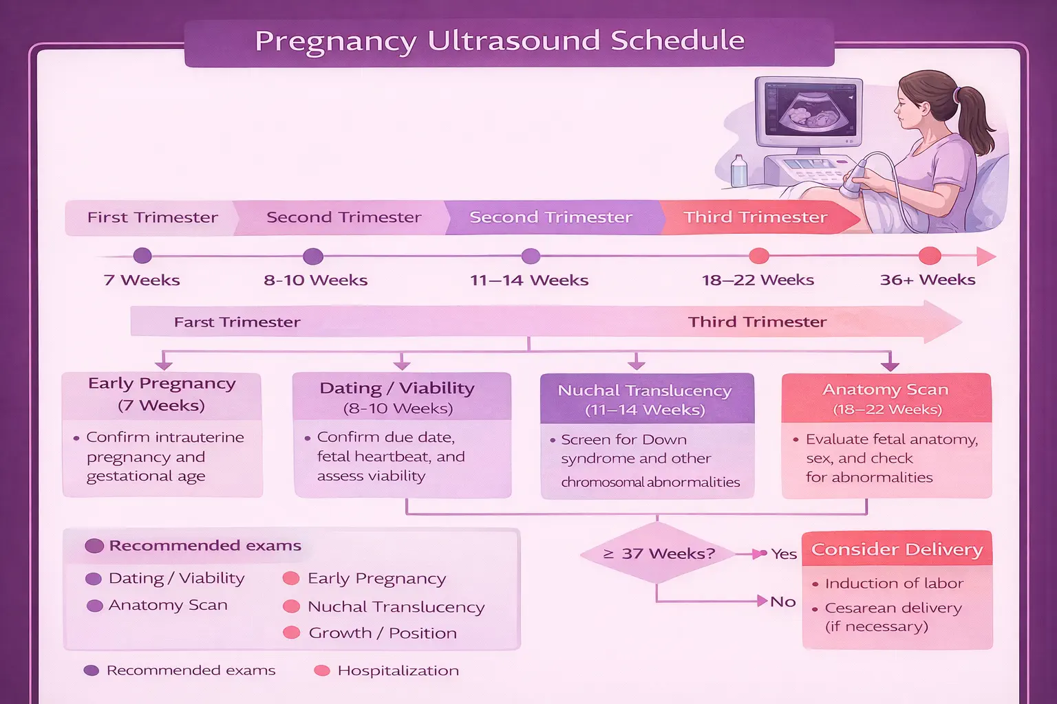 Ultrasound timeline during pregnancy - visual showing dating scan, NT screening, anatomy scan, growth scans, and third trimester evaluation mapped across 40 weeks