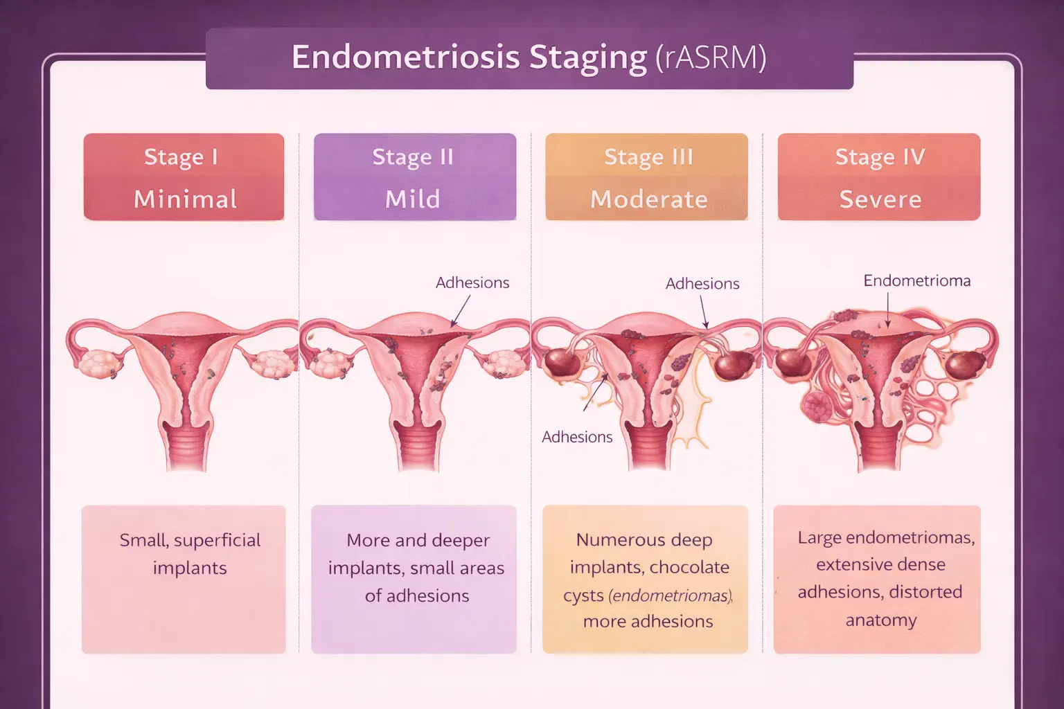 Endometriosis rASRM staging classification visual showing Stages I through IV with anatomic illustrations of implant locations and adhesion severity