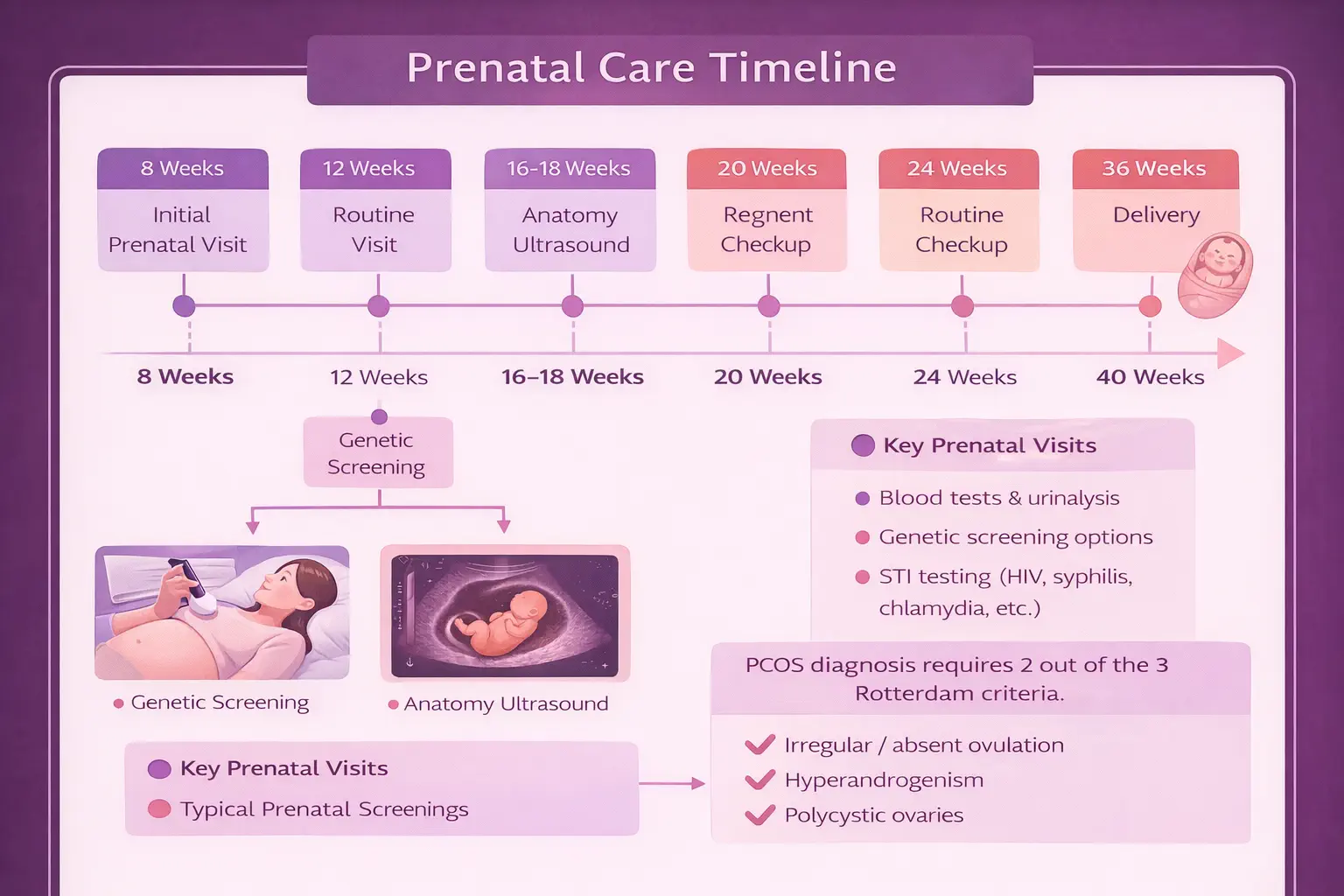 Prenatal visit schedule timeline showing increasing visit frequency across pregnancy - every 4 weeks, then every 2 weeks, then weekly